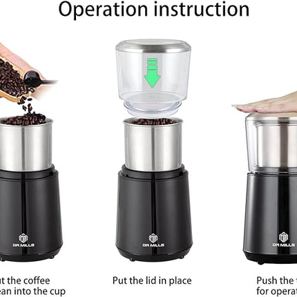 DR MILLS DM-7451 Electric Coffee Grinder, Coffee Bean Grinder Electric Dried Spice, Nut, Herb Grinder, Detachable Cup, Dishwashable, SUS304 Stainless Steel