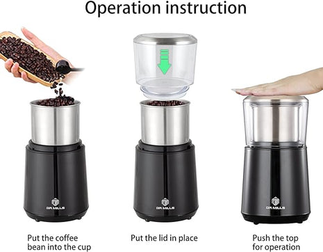 DR MILLS DM-7451 Electric Coffee Grinder, Coffee Bean Grinder Electric Dried Spice, Nut, Herb Grinder, Detachable Cup, Dishwashable, SUS304 Stainless Steel