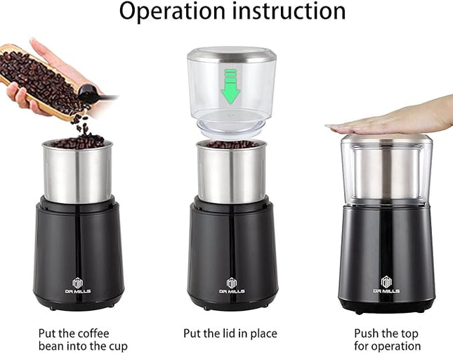 DR MILLS DM-7451 Electric Coffee Grinder, Coffee Bean Grinder Electric Dried Spice, Nut, Herb Grinder, Detachable Cup, Dishwashable, SUS304 Stainless Steel