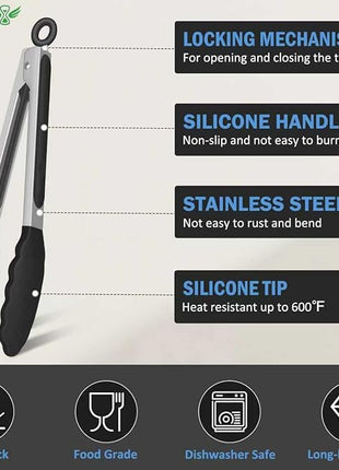 Kitchen Tongs, Stainless Steel Silicone Tongs for Cooking 600ºF High Heat-Resistant BBQ Grilling Locking Tongs, Set of 2-9" and 12" Black