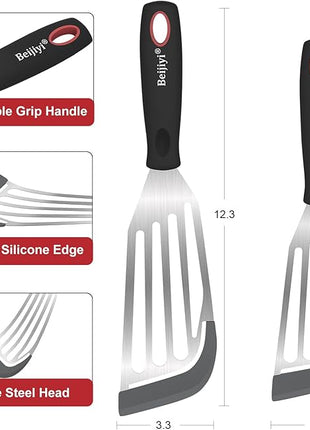 Beijiyi Heat Resistant Silicone Fish Spatulas, 2-Piece Slotted Fish Turner Spatula Set for Non Stick Frying Pan, Kitchen Cooking Utensils Flexible Thin Egg Flipper, 12.3" & 10.6", Gray Silicone Edge