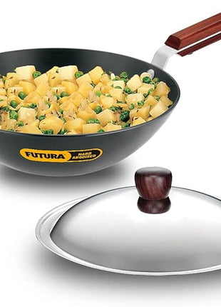 Hawkins Futura 2.5 Litre Deep Fry Pan, Long Handle Hard Anodised Kadai with Stainless Steel Lid, Flat Bottom Kadhai, Black (ADL25S)