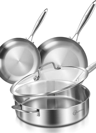 LOLYKITCH 8-10 Inch Tri-ply Stainless Steel Fry Pans and 6 QT Sauté Pan with Lid,Induction Cookware Set,Dishwasher and Oven Safe,Detachable Handle