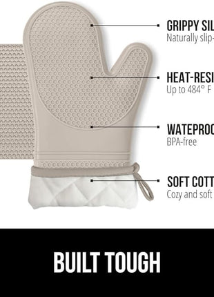 GORILLA GRIP BPA-Free Soft Silicone Oven Mitts and Pot Holders Sets of 4, Heat Resistant Waterproof Cooking Gloves, Thick Cotton Lining, Flexible Gripping for Baking Grilling, Kitchen Trivets, Almond