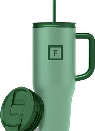 IRON °FLASK Co-Pilot Insulated Mug w/Straw & Flip Cap Lids - Cup Holder Bottle for Hot, Cold Drink - Leak-Proof - Water, Coffee Portable Travel Mug - Sage Grove, 40 Oz