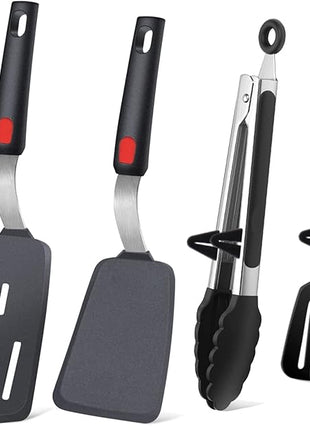 4PCS Flexible Silicone Spatula Turner Set and Kitchen Food Tongs with Silicone Tips, 600F Heat Resistant, Ideal for Flipping Eggs, Fish, Burgers, Pancake and Strong Grip on Salads, Pasta, Steaks, BBQ