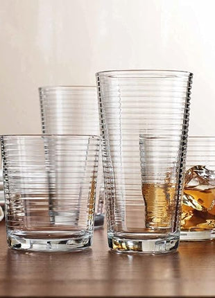 Drinking Glasses - Set of 8 Glass Cups, 4 Highball Glasses (17oz) 4 Rocks Glasses (13oz) Ribbed Glasses for Mixed Drinks, Water, Juice, beer, Wine, Excellent Gift!