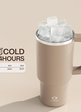 ENCOOL 32 oz Tumbler with Handle and Straw: Stainless Steel Insulated Tumbler Keeps Cold for 24 Hours, Leakproof Travel Cup Fits in Cup Holder and BPA-Free,Raw Umber