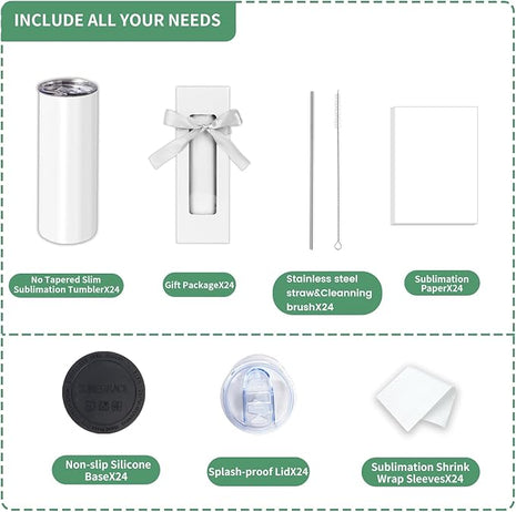 Sublimation Tumblers bulk 20 oz Skinny, 24 Pack Stainless Steel Double Wall Insulated Straight Sublimation Tumbler Cups Blank White with Lid, Individually Box,Polymer Coating for Heat Transfer