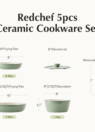 Redchef Ceramic Cookware Set, Removable Handle Pots and Pans Non-Stick, Rv Cookware Set, Non-Toxic Pots and Pans Set No PFAS, PTFE, PFOA, Detachable Pots and Pans, Dishwasher & Oven Safe (Green)