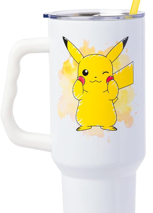 Silver Buffalo Pokémon Stainless Steel Tumbler with Handle Featuring Pikachu, Fits in Standard Cup Holder, 40 Ounces