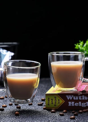 CNGLASS Insulated Espresso Glass Mugs 5.4oz/160ml, Small Clear Coffee Mugs Set of 6, Double Wall Glass Cups with Handle for Tea and Macchiato