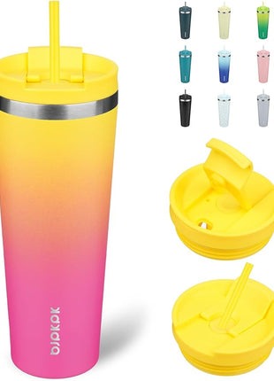 BJPKPK 26oz Stainless Steel Insulated Tumbler With lid And Straw Travel Coffee Thermal Tumblers Cup For Women And Men,Pink Yellow Rose