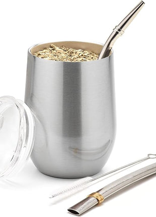 BALIBETOV 5 pcs large Yerba Mate Cup and Bombilla Kit, Includes one 12 oz Yerba Mate Gourd with Lid, Two Bombillas Mate Straw and one cleaning brush | Stainless steel | Double Walled