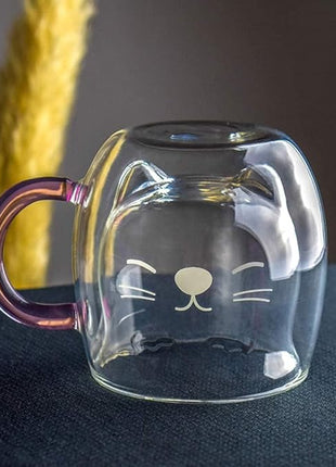 Purple Cat Mug Cute Mugs Glass Double Wall Insulated Glass Espresso Cup, Kawaii Cup, Coffee Cup, Tea Cup, Milk Cup, Best gift for Office and Personal Birthday Christmas (Purple Cat)
