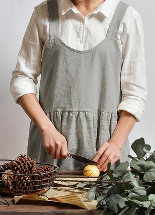 Uaussi Cotton Linen Apron Cross Back Work Apron for Women with Pockets Pinafore Dress X Cross Halter Apron for Chef Gardening