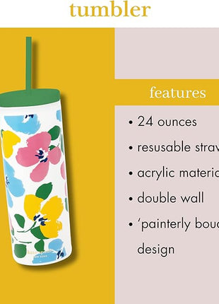 kate spade new york Acrylic Tumbler with Lid and Straw, 24 oz Tumbler, Slim Double Wall Tumbler (Painterly Bouquet)