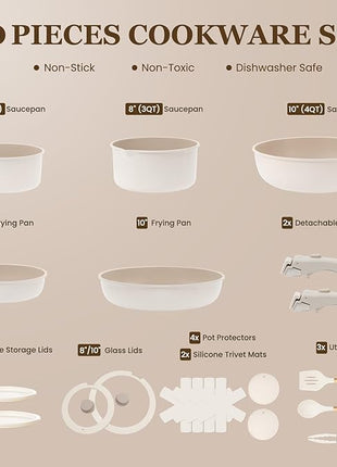 KIKCOIN Ceramic Cookware Set, 20 Pack Nonstick Pots and Pans Set with Detachable Handles, Healthy Frying Pans, Induction Dishwasher Oven Safe Kitchen Set, PFAS PFOA & PTFE Free