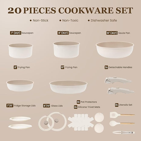 KIKCOIN Ceramic Cookware Set, 20 Pack Nonstick Pots and Pans Set with Detachable Handles, Healthy Frying Pans, Induction Dishwasher Oven Safe Kitchen Set, PFAS PFOA & PTFE Free