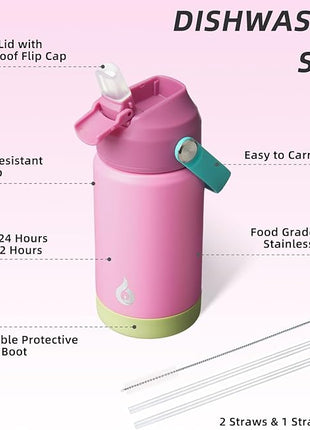 BJPKPK Insulated Water Bottle with Straw Lid, 12oz Thermo Water Bottles, Flex Handle & Non-slip Boot, BPA Free Leak Proof Stainless Steel Metal Thermo, Tumblers, Cups,Rose Pink