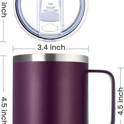 MEWAY 12oz Coffee Mug With Handle 2 Pack Bulk,Stainless Steel Insulated Travel Tumblers With Sliding Lid,Double Wall Vacuum Camping Cup for Hot & Cold Drinks Tea (Forest Green&Plum,Set of 2)