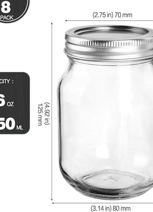 KAMOTA Mason Jars 16 OZ With Regular Lids and Bands, Ideal for Meal Prep, Jam, Honey, Wedding Favors, Shower Favors, Baby Foods, DIY Magnetic Spice Jars, 8 PACK, 10 Whiteboard Labels Included