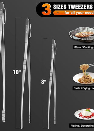 WALFOS Tweezer Tongs for Cooking, Kitchen Tweezers Stainless Steel Pasta Tweezers Tongs for Cooking, Roasting, Grabbing Small Objects, Dessert, BBQ, Spaghetti 3 Pcs (8+10+12-Inch)