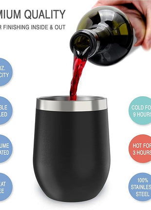 CHILLOUT LIFE 12 oz Stainless Steel Wine Tumbler with Lid - Double Wall Vacuum Insulated Wine Cup Glass Keeping Cold & Hot for Coffee, Champagne, Cocktails, Ice Cream - Powder Coated Black