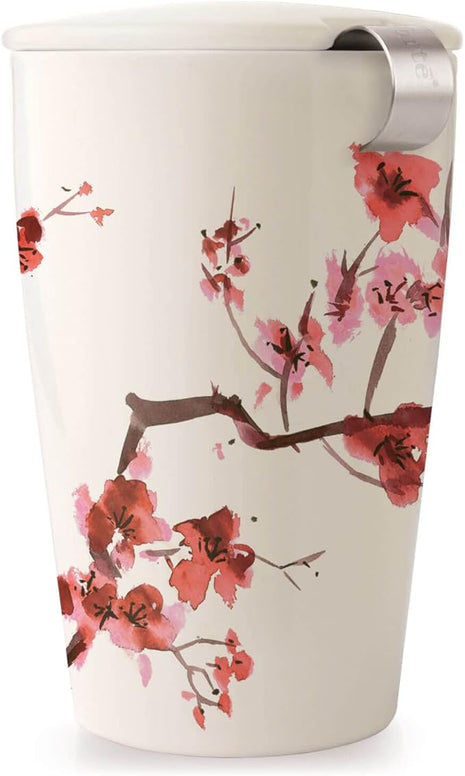 Tea Forte Double-Walled Ceramic Kati Cup, Removable Stainless Steel Infuser Basket and Lid, Steeps 12 oz Loose Leaf Tea, Dishwasher & Microwave Safe, Cherry Blossom