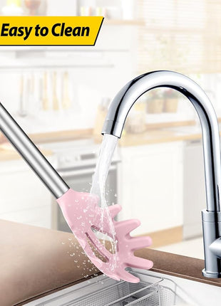 Silicone Pasta Fork and Ladle Spoon Set, Large Non Stick Kitchen Utensils for Cooking,Stirring,Serving Spaghetti, Soup, Sauce (PINK)