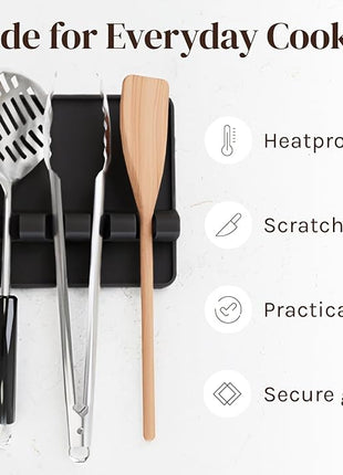 Black Silicone Spoon Rest for Stove Top with Drip Pad (Two Pack) - Heat-Resistant, BPA-Free Utensil Rest & Spoon Holder for Kitchen Counter - Grill Utensil Holder for Spatulas, Tongs, Ladles