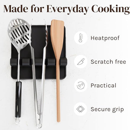 Black Silicone Spoon Rest for Stove Top with Drip Pad (Two Pack) - Heat-Resistant, BPA-Free Utensil Rest & Spoon Holder for Kitchen Counter - Grill Utensil Holder for Spatulas, Tongs, Ladles