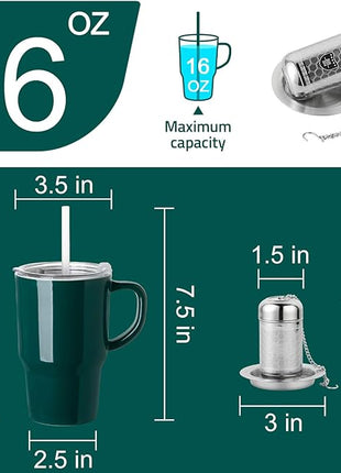 Sweejar Ceramic Travel Mug with Lid, 16 oz Portable Coffee Mug, Dishwasher Safe Tea Cup with Infuser, Reusable Teacup for Car Cup Holder, Tea Lovers(Jade)