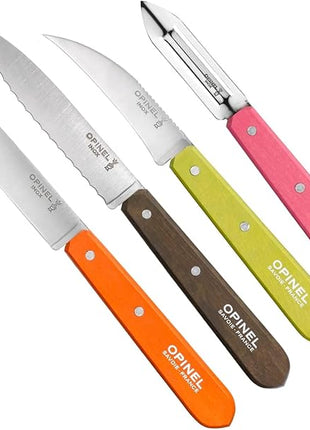 Opinel Les Essentials Small Kitchen 4 Piece Knife Set - Paring Knife, Serrated Knife, Peeler, Vegetable Knife, Corrosion Resistant High Carbon Steel, Made in France (50s)