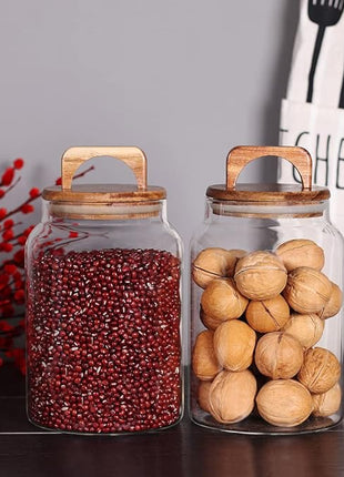 SAIOOL Canister Set of 2, Glass Kitchen Canisters with Airtight Acacia Lid, Tall Clear Airtight Food Storage Jar, Kitchen Pantry Storage Container for Noodles Flour Cereal Coffee