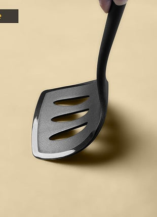 Silicone Pancake Spatula Turner with Lengthened Handle& Seamless Design, Heat Resistant Slotted Flipper for Nonstick Cookware, Large Flexible Kitchen Utensils for Egg, Pancake, Burger, Black