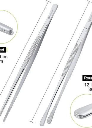 MSY BIGSUNNY Stainless Steel Food Tweezers Multi-function Cooking Tongs Kitchen Serving Tong (12" Round & 12" Pointed Tweezers)