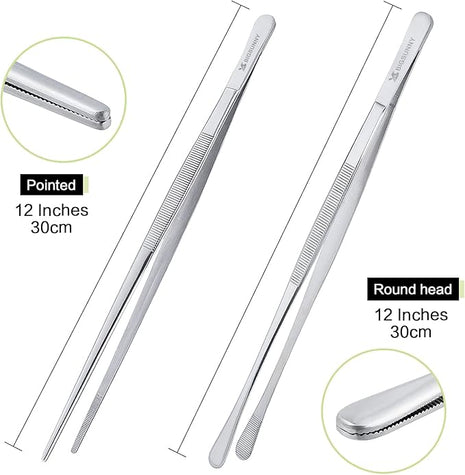 MSY BIGSUNNY Stainless Steel Food Tweezers Multi-function Cooking Tongs Kitchen Serving Tong (12" Round & 12" Pointed Tweezers)
