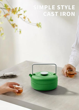 Toptier Teapot with Removable Infuser, Cast Iron Tea Kettle Stovetop Safe, Solid Geometry Cylinder Design Tea Pot Coated with Enameled Interior for 27 Ounce (800 ml), Emerald Green