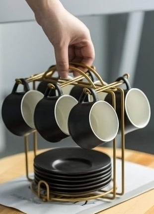 YHOSSEUN Ceramic Espresso Cups Set of 6, 4 Oz Expresso Shots Cup with Stand & Saucers, Small Coffee Espresso Cup Demitasse Cups, Black