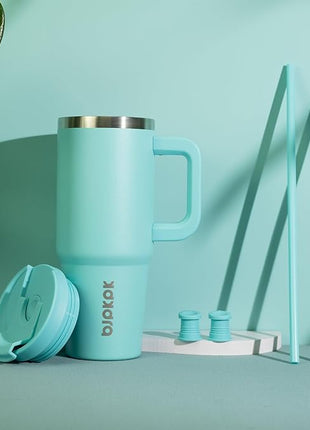 BJPKPK 40 oz Stainless Steel Tumbler With Handle Insulated Tumblers With 2 Straw Travel Coffee Mug With Lid,Turquoise