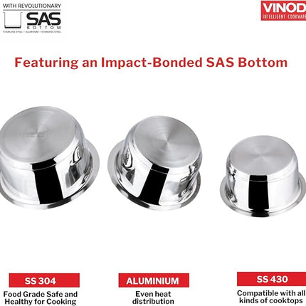 Vinod Stainless Steel 3 pc Pot Set with Capacity of 1.4 litres, 1.8 litres & 2.2 litres with Stainless Steel Lids (Gas Stove and Induction Friendly) - Silver,