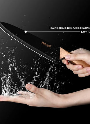 hecef Vintage Kitchen Knife Set, Stainless Steel Non-stick Black Coated Knives with Extra Sheaths, Includes Chef, Bread, Santoku, Utility and Paring Knife