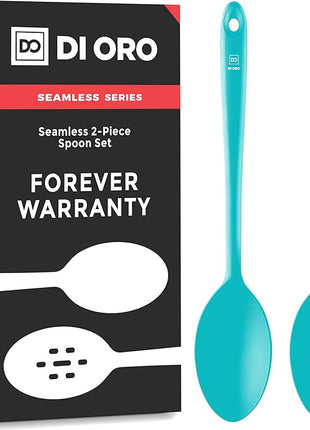 DI ORO Silicone Cooking Spoons - Large Mixing, Serving & Stirring - 600F Heat-Resistant Non-Stick - Big Solid & Slotted Basting Spoons - Dishwasher Safe (2pc, Teal)