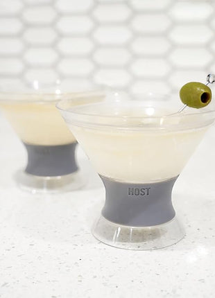 Host Freeze Insulated Martini Cooling Cups, Plastic Freezer Gel Chiller Double Wall Stemless Cocktail Glass Set of 2, 9 oz, Grey