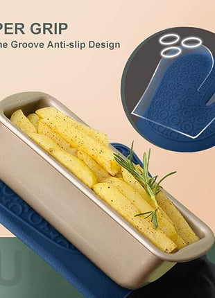 sungwoo Extra Long Silicone Oven Mitts, Heat Resistant Oven Gloves with Quilted Liner Non-Slip Textured Grip Perfect for BBQ, Baking, Cooking and Grilling - 1 Pair 14.6 Inch Royal Blue & Black