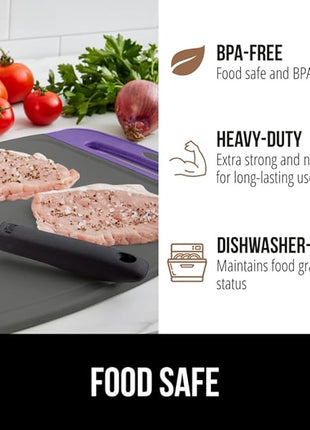 GORILLA GRIP BPA-Free Reversible Kitchen Cutting Board Set of 3, US Designed, Nonporous, Juice Grooves Catch Liquid, Slip Resistant Border, Dishwasher Safe, Durable Food Chopping Boards, Purple Gray