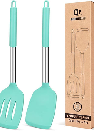 Pack of 2 Silicone Solid Turner, Non Stick Slotted Kitchen Spatulas, High Heat Resistant BPA Free Cooking Utensils, Ideal Cookware for Fish, Eggs, Pancakes(Green)