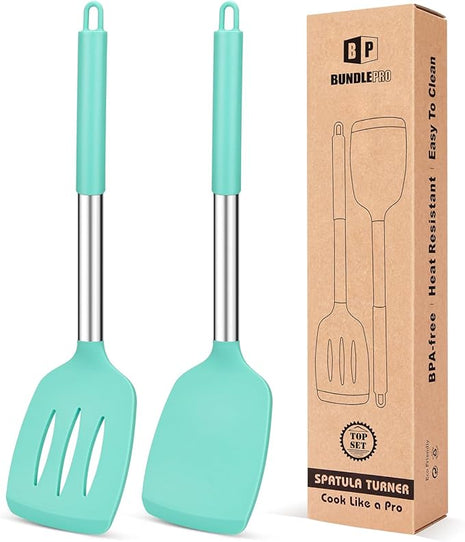 Pack of 2 Silicone Solid Turner, Non Stick Slotted Kitchen Spatulas, High Heat Resistant BPA Free Cooking Utensils, Ideal Cookware for Fish, Eggs, Pancakes(Green)