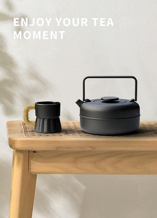 Toptier Teapot with Removable Infuser, Cast Iron Tea Kettle Stovetop Safe, Solid Geometry Cylinder Design Tea Pot Coated with Enameled Interior for 27 Ounce (800 ml), Black